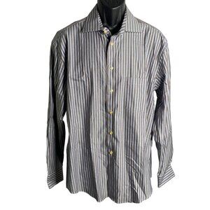 Egara Non Iron Modern Fit Button Up Shirt XL Brown Blue Stripes Long Sleeves